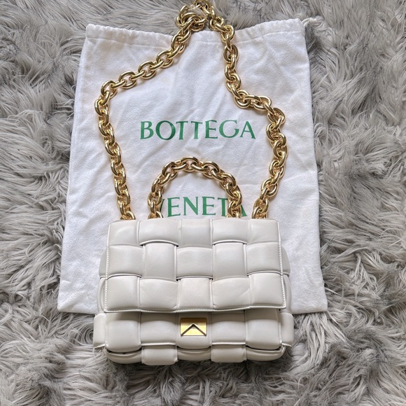 Bottega Veneta Handbags - Bottega Veneta Chain Cassette Padded Intrecciato Crossbody Bag - White/Gold